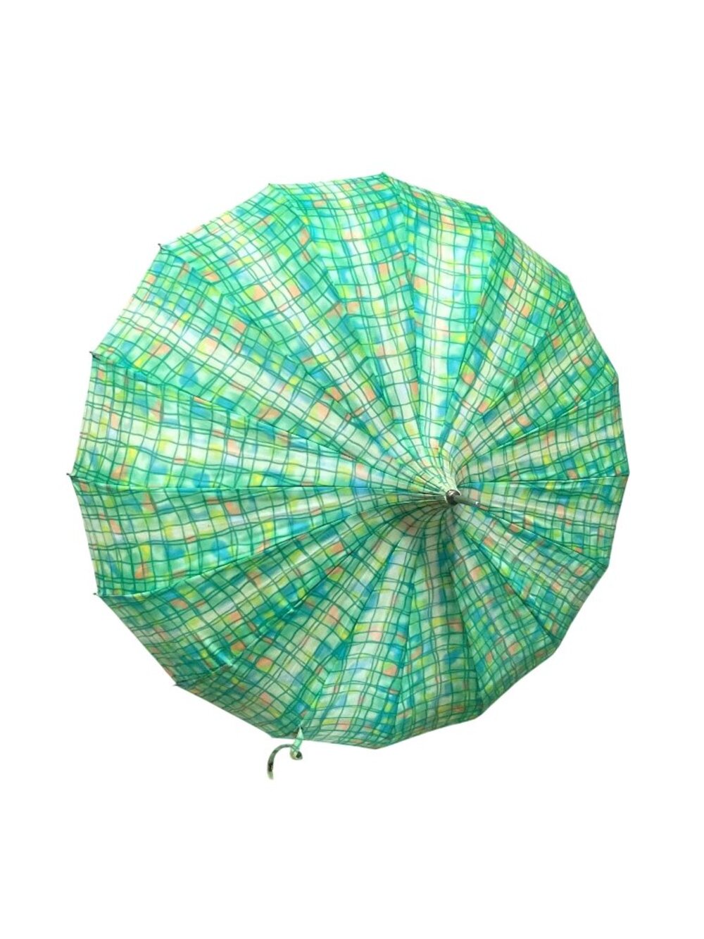 Vintage Polan Katz Nylon Umbrella Green & Yellow Hook Handle With Chain 31" L